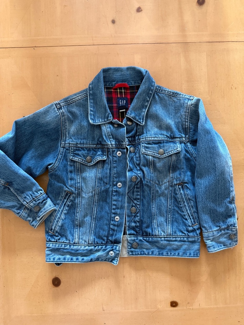 GAP Kids Medium Blue Denim Jean Jacket with Plaid Lining